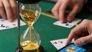 Hands interacting with a futuristic hourglass of gold coins for crypto payment timelines