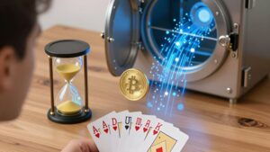 Holographic coin and hourglass illustrating crypto deposits withdrawals Teen Patti timing on a table