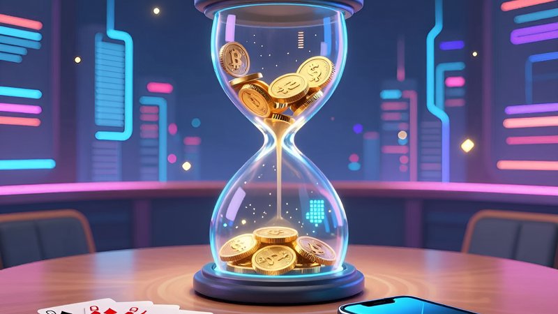 Holographic hourglass with digital coins and playing cards showing crypto payment timelines Teen Patti platforms