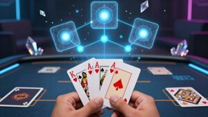 Player hands holding cards with holographic data nodes for analyzing Teen Patti gameplay approaches