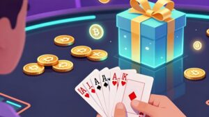 Player holding cards with holographic coins and a gift box for September 2026 Guide Crypto Teen Patti
