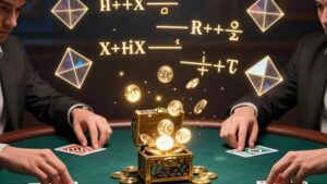 Players calculating strategy with holographic cards and coins for understanding Teen Patti welcome bonuses mathematical